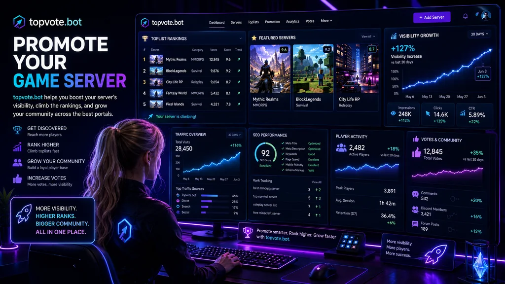 TopVote Bot dashboard showing automated votes, server ranking growth and player activity